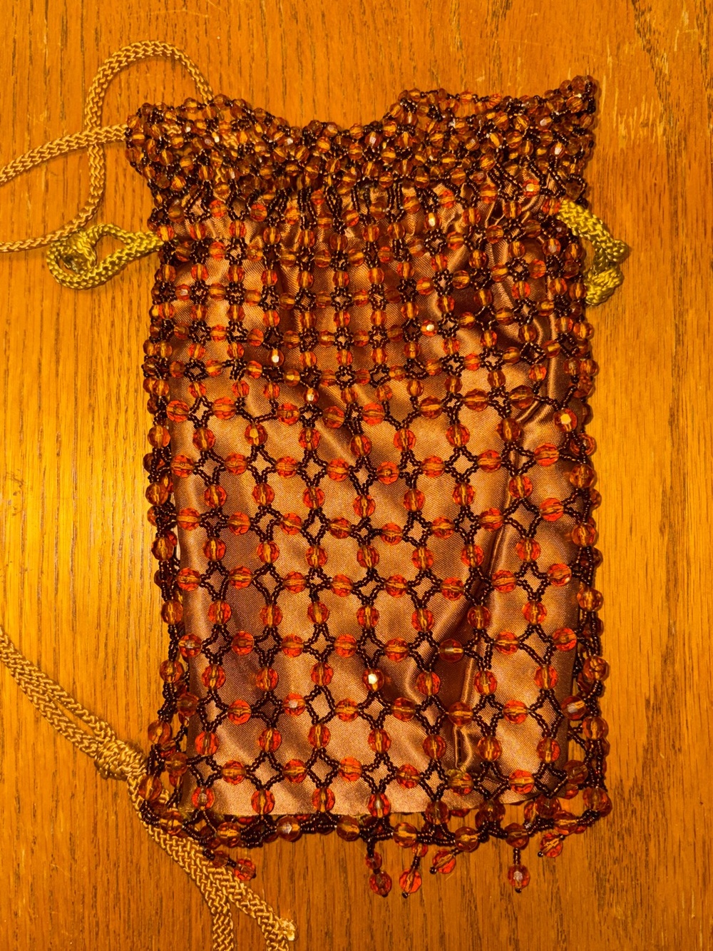 VTG 70s Amber Acrylic Bead Cage Drawstring Pouch Purse Brown Satin Boho Disco